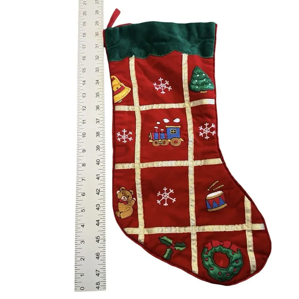 Decorative‎ Christmas Stocking Toys Tree Drum Snowflakes Gold Ribbon Red 18.5”